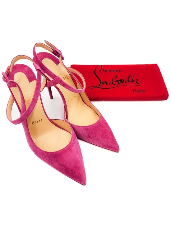 Christian Louboutin Pink Suede Slingback Cross Strap Buckle Pumps Heels EU 38 - Picture 8 of 8